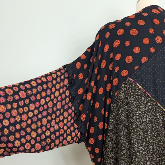 Vintage Kimono Top M Black Pink Cardigan Patchwork Color Artsy Eclectic 90s - Picture 12 of 14